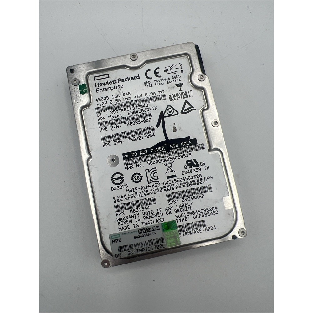 HPE EH0450JDYTK 450GB 2.5"‎ 12Gb/s 15K RPM SAS HDD P/N: 748385-002